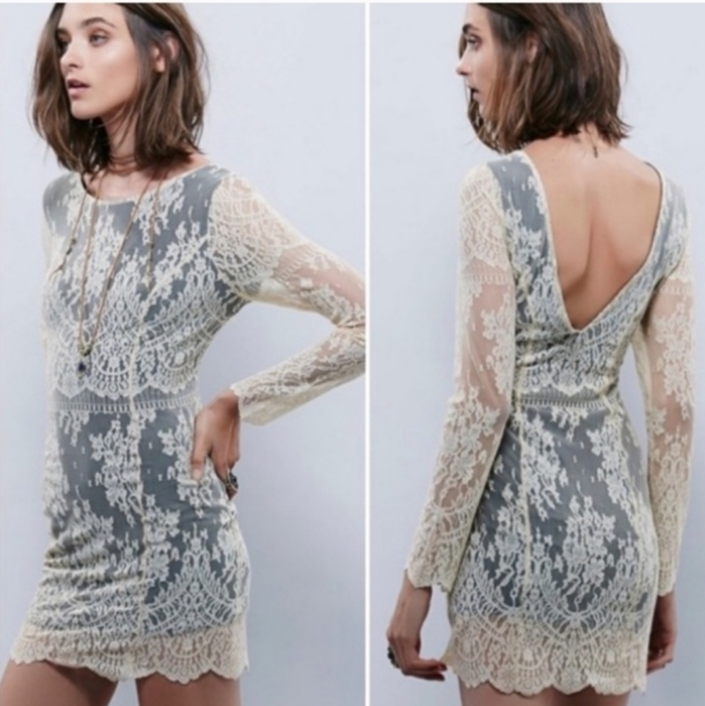 Free People Romantic Wedding Plunging Open Back Lace Mini Dress Sz S